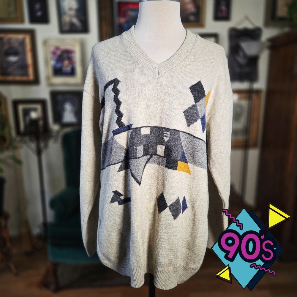 Angoora Sweater Mens Large Vintage 90s Beige Geometric V-Neck Knit Pullover